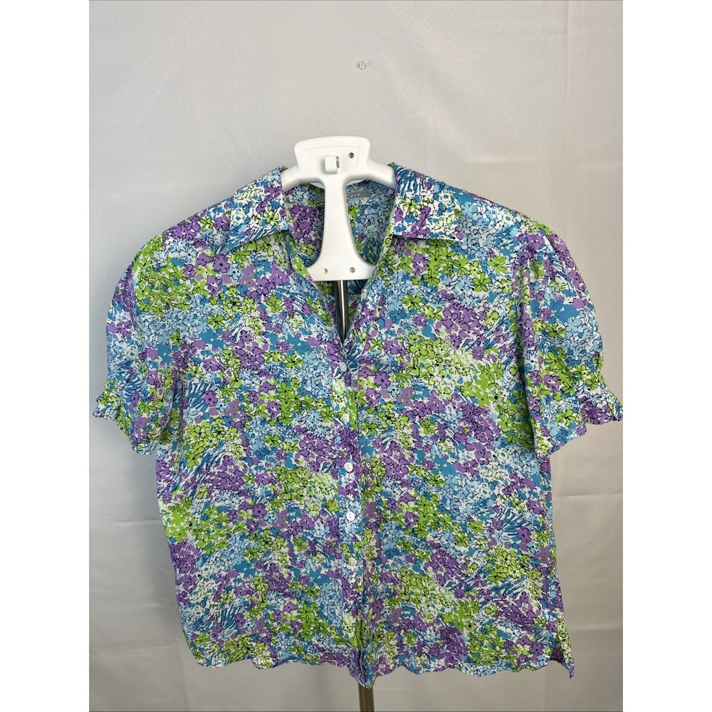 Shaped Fit Ditsy Floral Pattern Button-Up Shirt Multicolor Women's Sz 10P Cotton